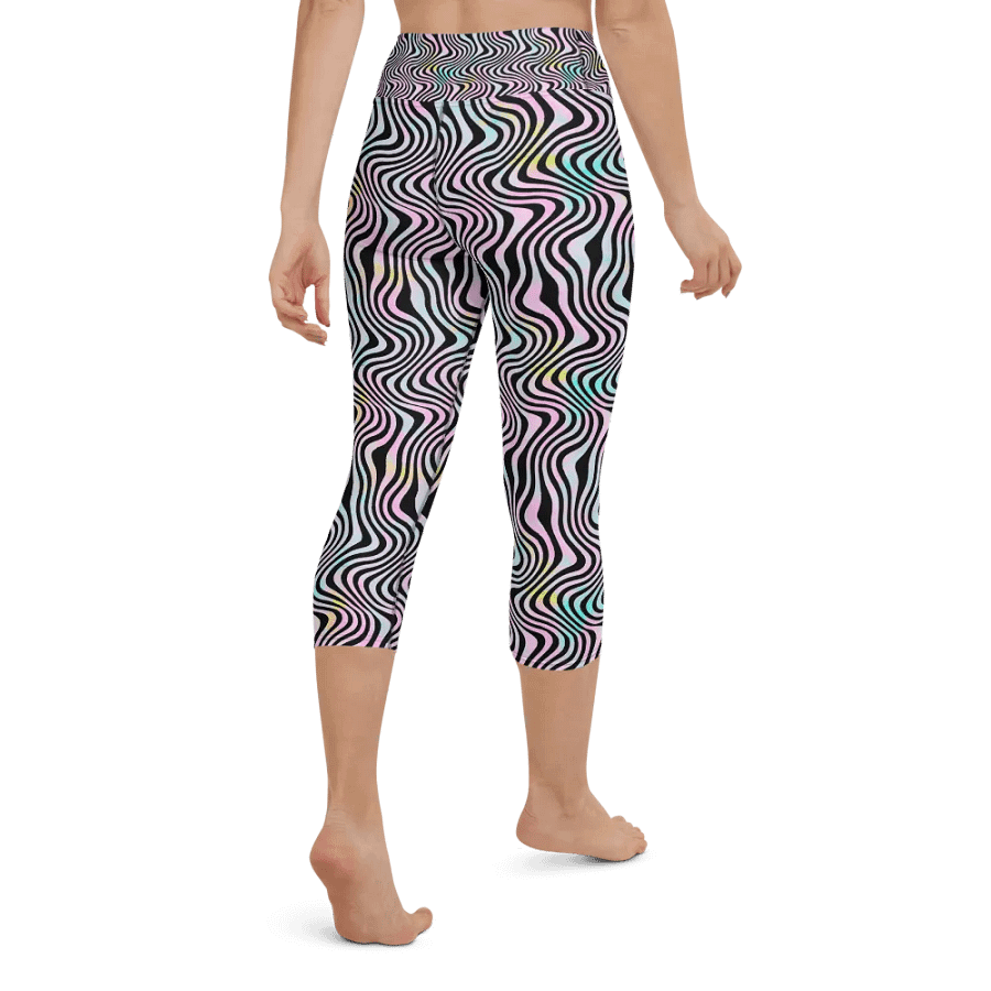 Yoga capri  leggings blue watercolour leafy design on black background product image (1)
