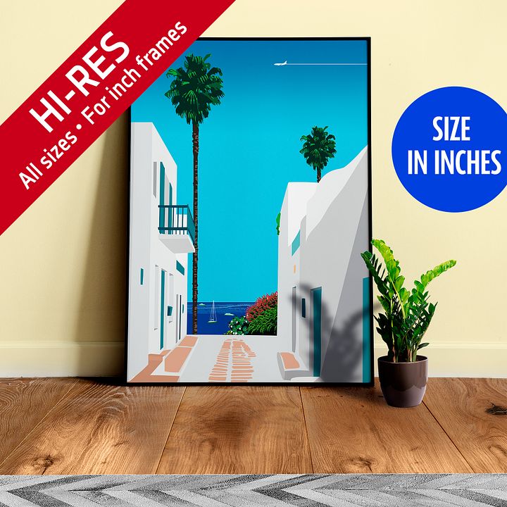 Santorini, Greece — City Pop art, retrowave/vaporwave poster, 80s, aesthetic poster, Hiroshi Nagai inspired art, minimalist poster product image (1)