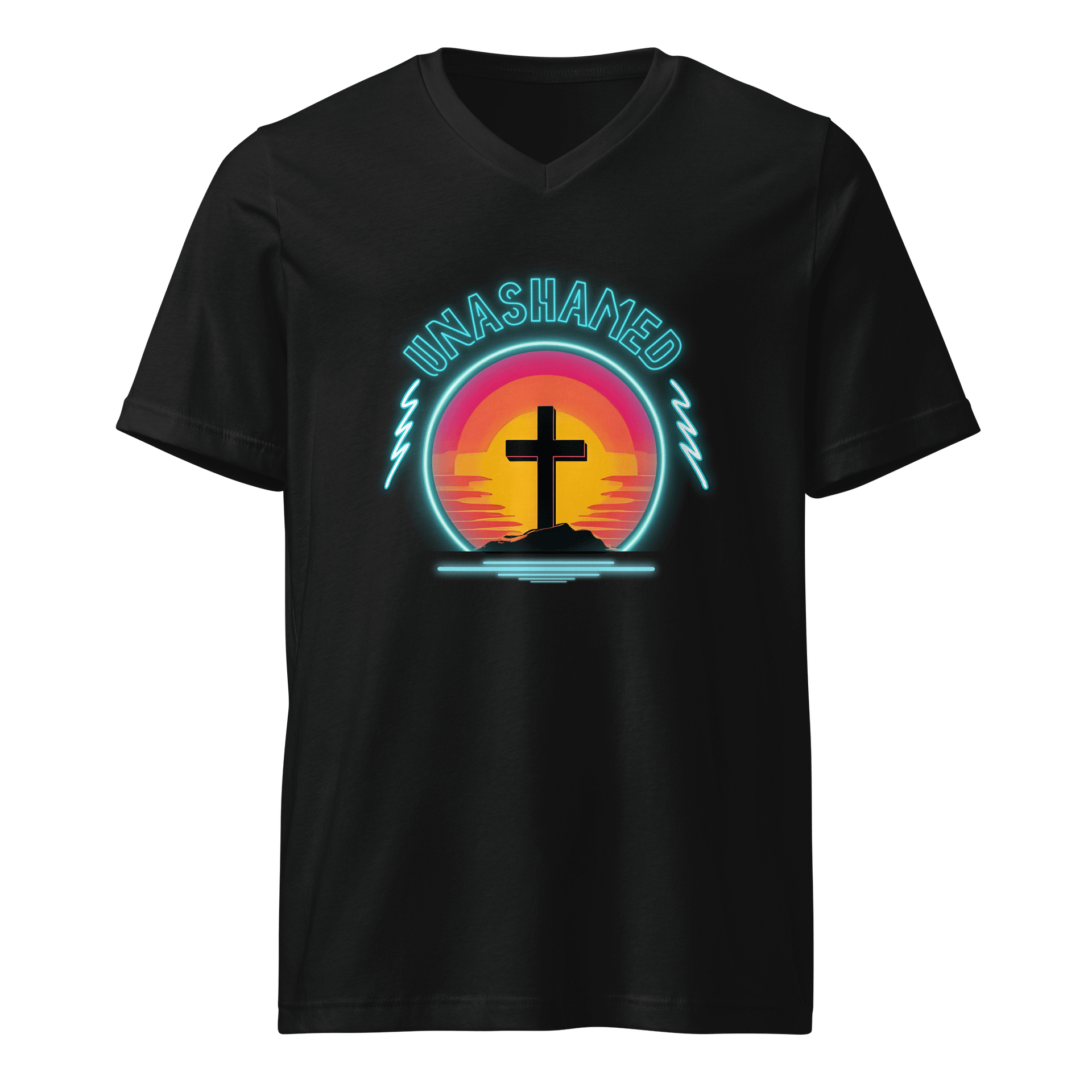 Unashamed Neon Cross V-Neck T-Shirt - Unisex Bella + Canvas fit product image (1)
