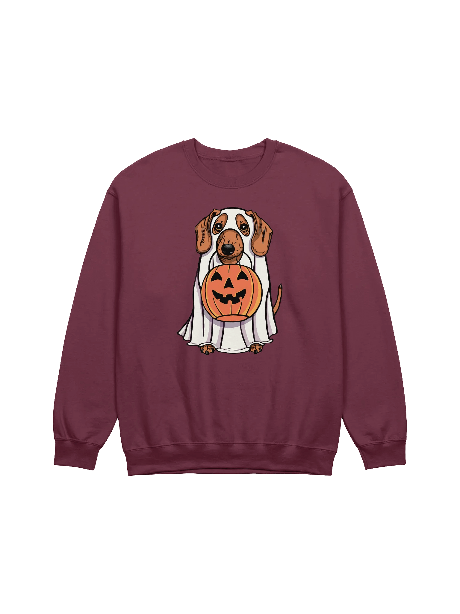 Funny Halloween Dachshund(Tan) Sweatshirt | Funny Doxie/Wiener Wearing a Ghost Costume and Holding a Pumpkin Basket product image (12)