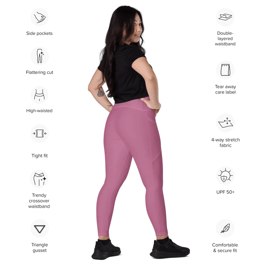 Plain Medium Dark Carnation Pink True Summer Women's High Waisted Premium Crossover Leggings with Pockets by Treasure Pie product image (12)