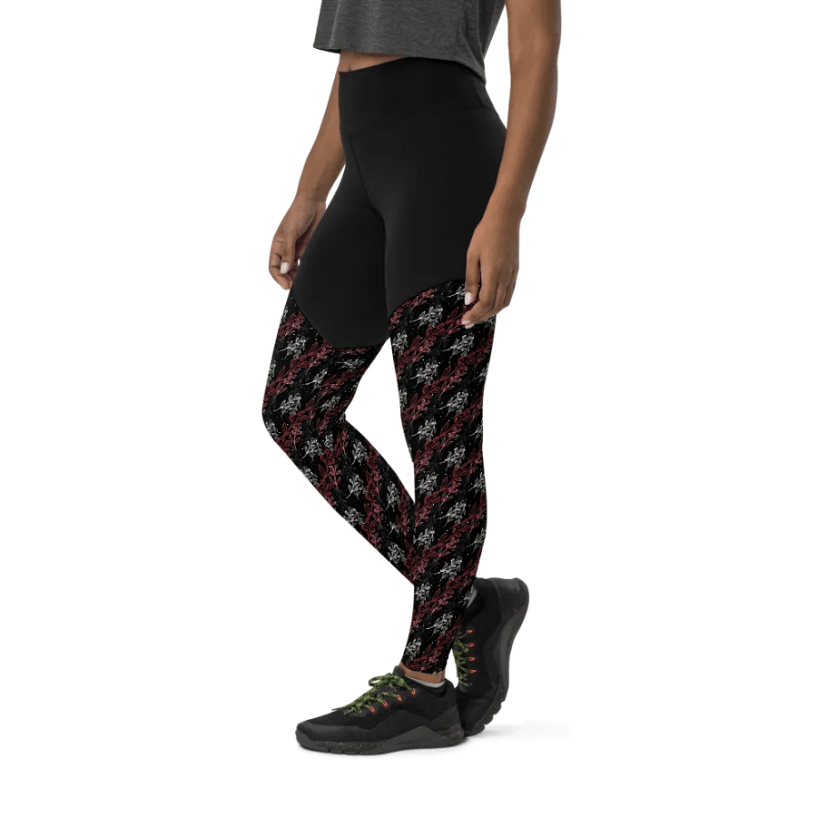 Dark sports Leggings in unusual diagonal red apricot design on black design with slight sparkle. product image (12)