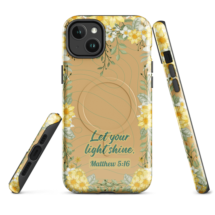 Let your Light Shine Matthew 5:16, Inspirational Gift, Tough iPhone Magnetic Case Scripture, Floral Bible Verse, MagSafe® iPhone® Tough Case, iPhone 14, iPhone 15, iPhone 16, Pro, Pro Max, Plus. product image (1)