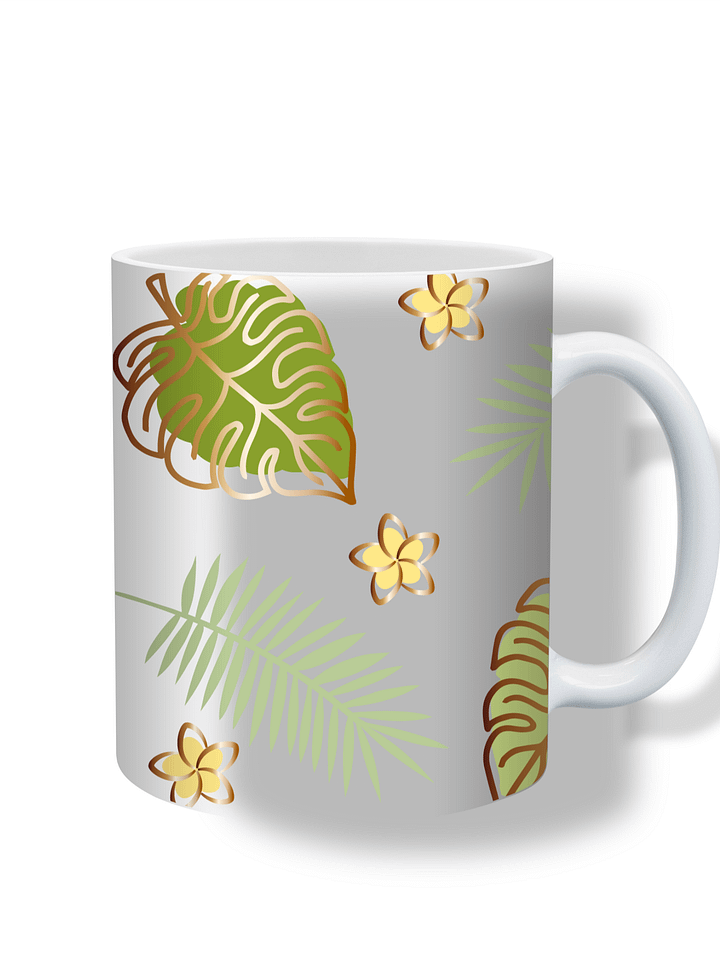 (Gold Border) Tropical Leaves and Flowers 11oz Coffee Mug – Nature-Inspired Ceramic Cup with Monstera and Floral Design – Perfect Gift for Plant Lovers product image (1)
