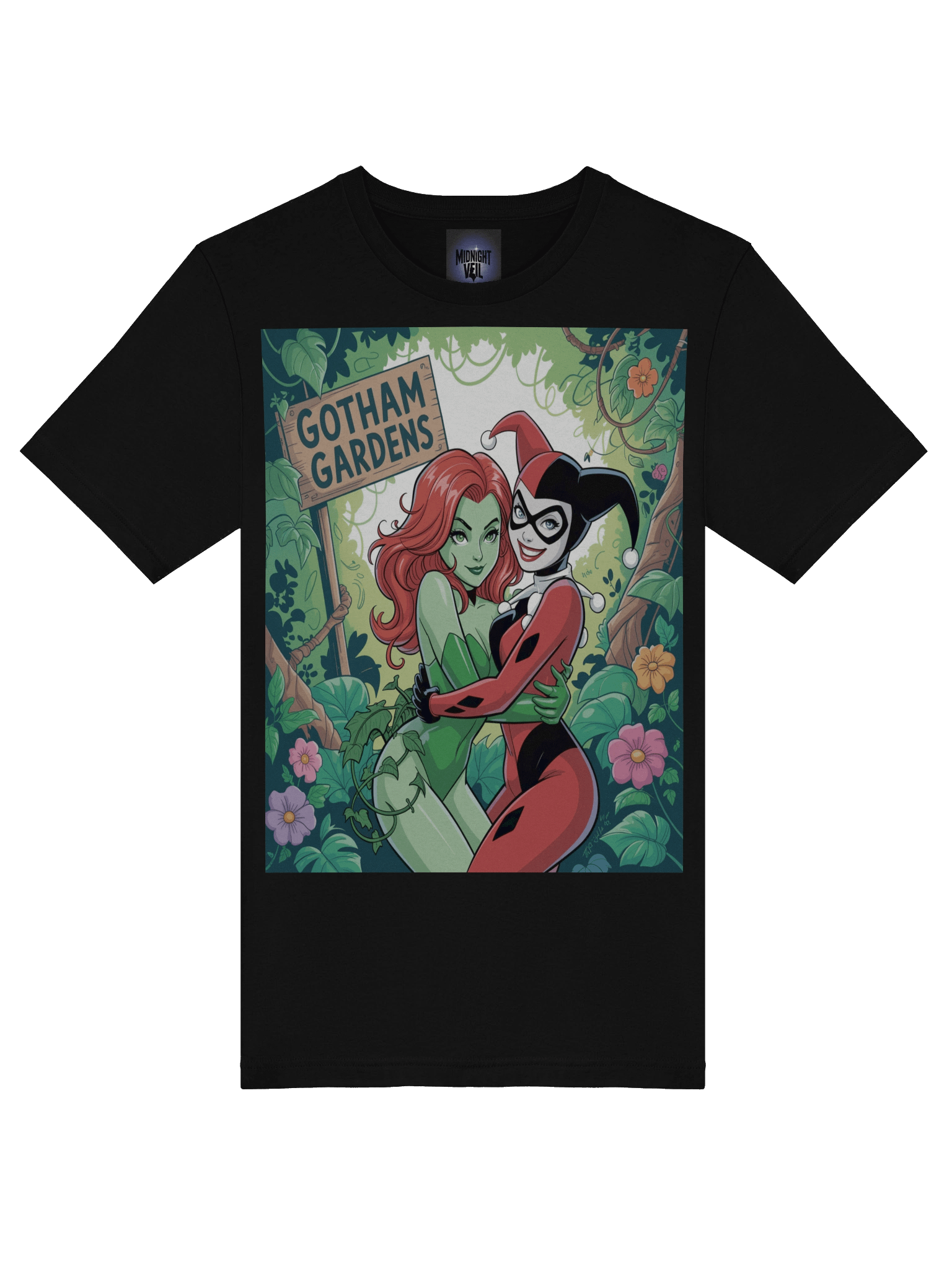 Gotham Gardens Embrace: Poison Ivy and Harley Quinn's Verdant Vines Graphic Tee product image (7)