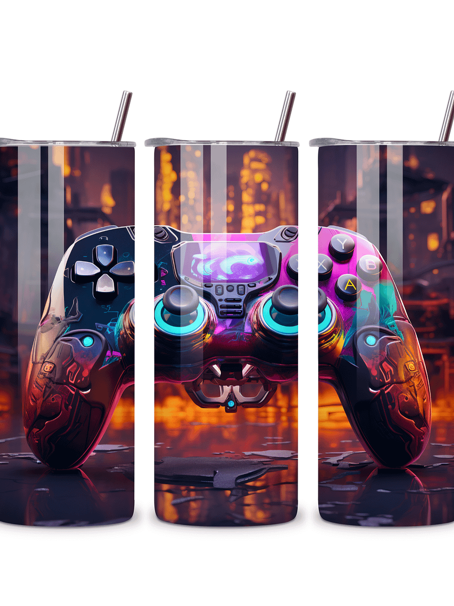 Gamer Vibes 20oz Skinny Tumbler with Metal Straw – Futuristic Neon Controller Design – Double-Walled Insulated Stainless Steel Tumbler for Hot & Cold Drinks, Gift for Gaming Enthusiasts product image (4)