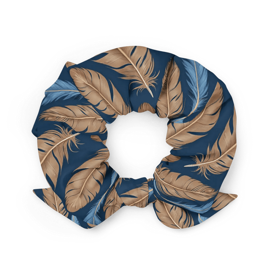 Hair Scrunchie - Blue and Brown Feathers on Blue Background product image (3)