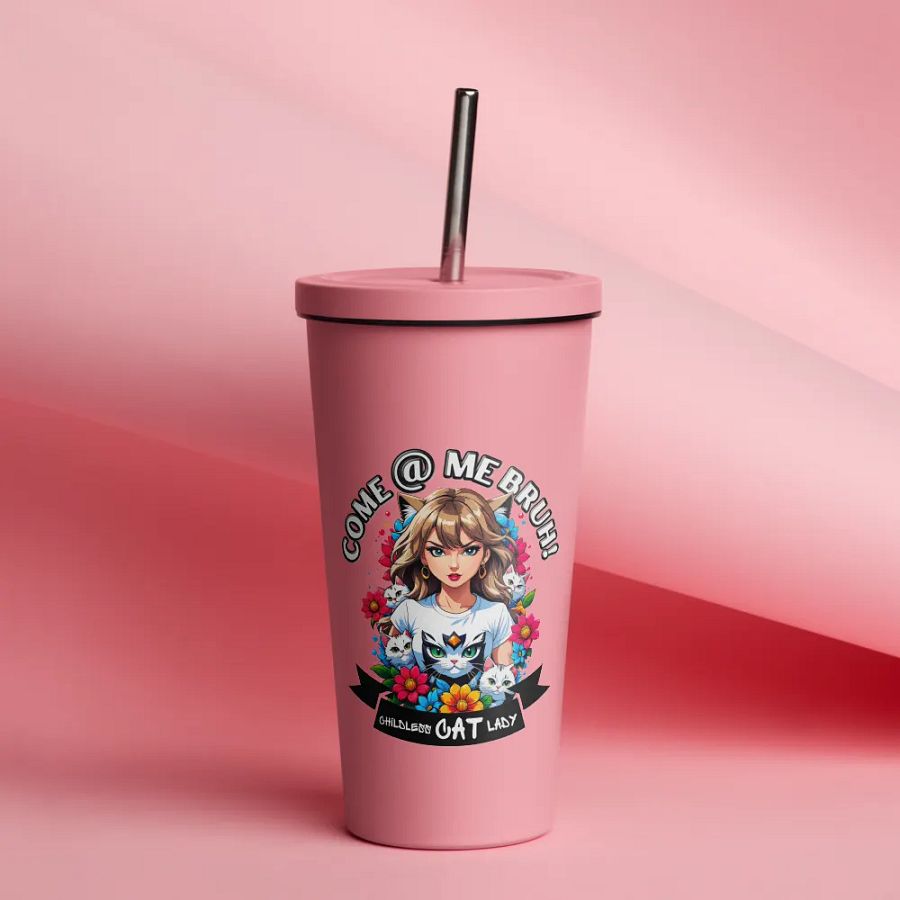 Childless Cat Lady 20 oz Tumbler Cup - Pink - Insulated Tumbler with a Straw product image (12)