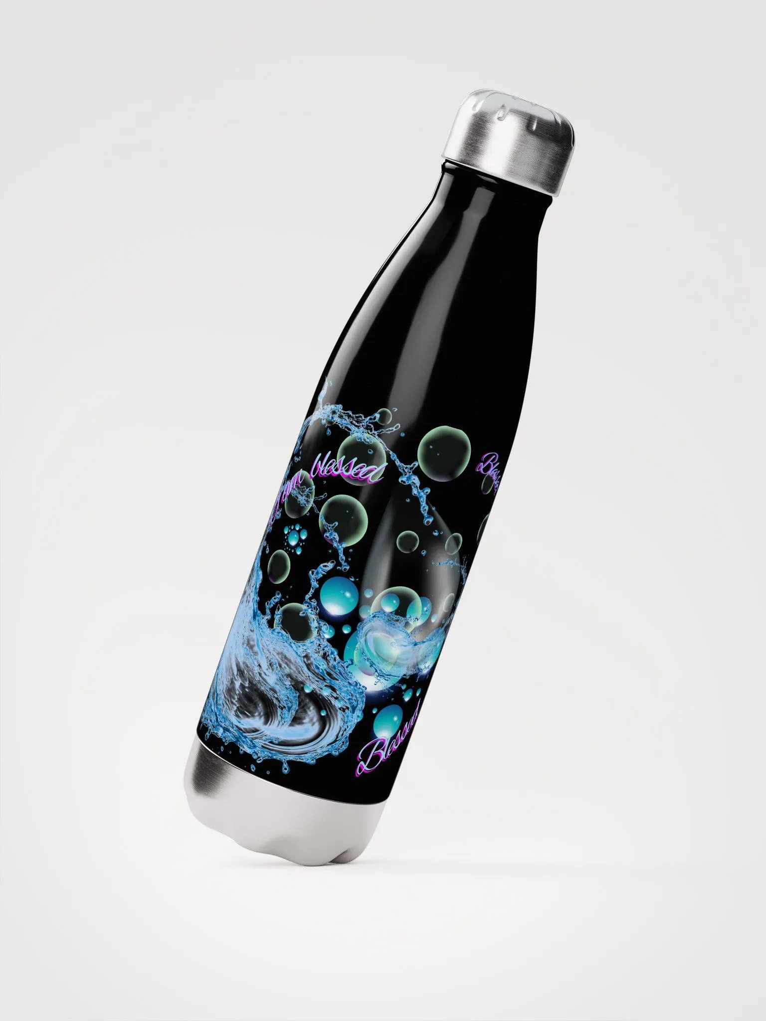 water bottle with beautiful swirly blue water splash and drops design featuring “ I am blessed’ product image (2)