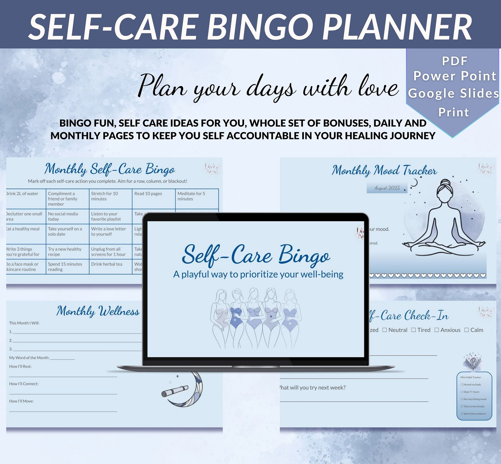 Self-Care Bingo Planner – Digital & Printable | Gentle Wellness Tracker | Self care love mindfulness journal | Slow living Diary | Relaxing product image (1)