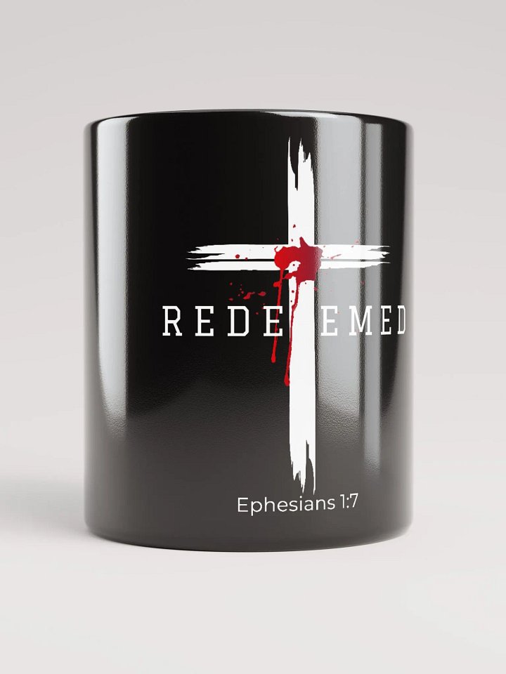 Redeemed by the blood of Jesus - Ephesians 1:7 black coffee mug product image (4)