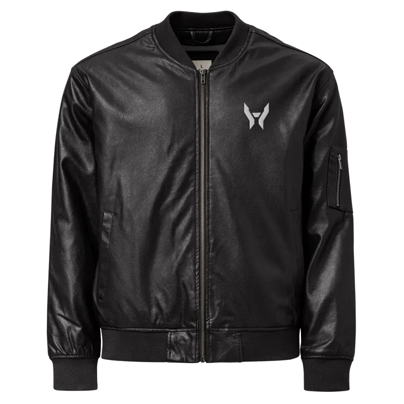 faux leather emblem bomber
