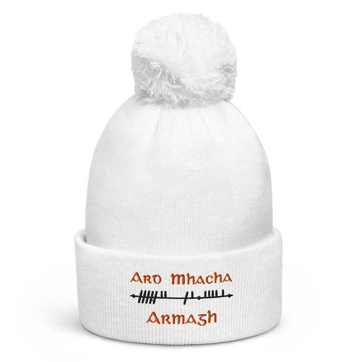 Armagh/Ard Mhacha Scholastic Style Ogham, white with black and tangerine, Pom-Pom Beanie product image (1)