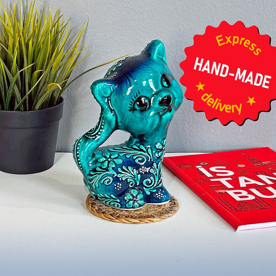 Ceramic handmade turquoise cat (big), Turkish decor — handmade pottery, handmade ceramic, home decor, handmade gift, Turkish ceramic product image (3)