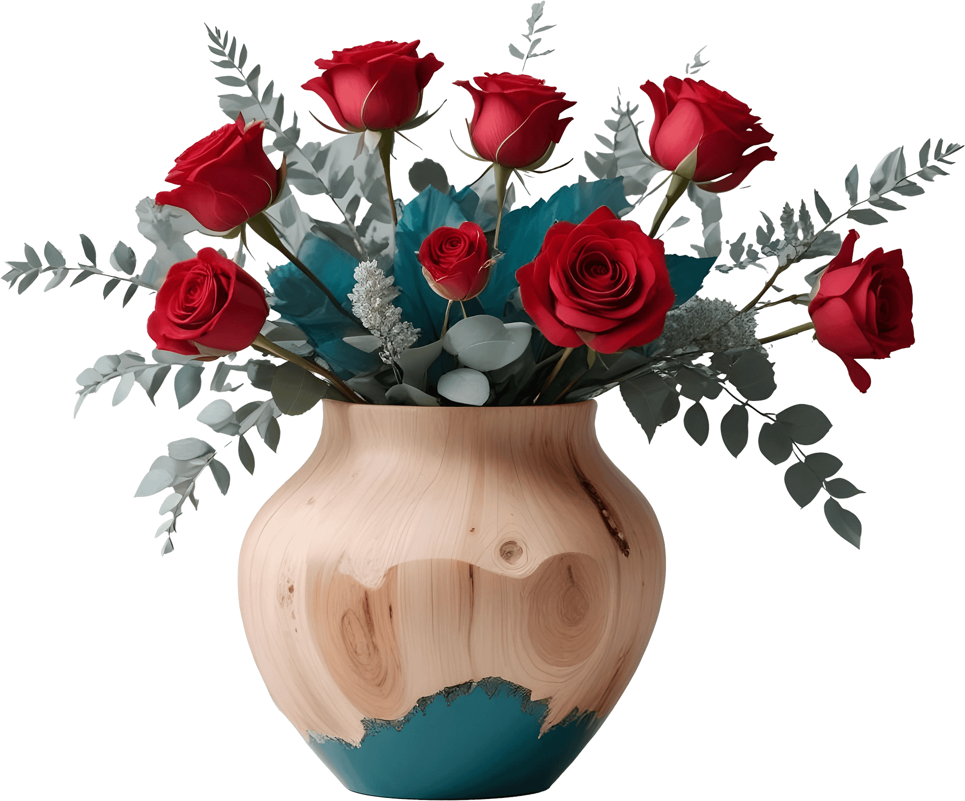 Rustic Teal and Wooden Vase with Red Roses PNG product image (1)