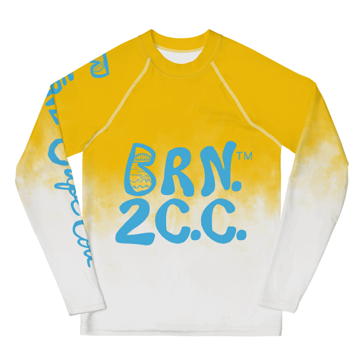YOUTH | Rash Guard | BRN.2C.C.™ Front Graphic | BOURNE to Cape Cod™ Sleeve & Back Logo | Coastal Swim Shirt for Kids | UV Protection Activewear | Blue Logo | Yellow & White Splash product image (1)