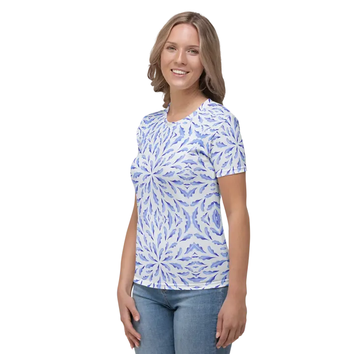 Blue Botanical Leaves All-Over Print Women's Crew Neck T-Shirt product image (2)
