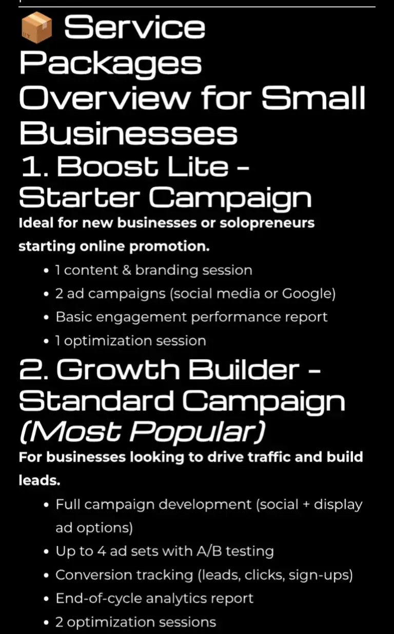 🤔 Are you Curious about the Service Packages available for #smallbusinesses?  🗓️  Book Your Strategy Session Now to get the help you need! 🔗(s) In Bio!  💡 Services apply for: * Local service providers (salons, gyms, real estate, etc.) * E-commerce brands & product sellers * Restaurants, bars, and hospitality venues  * Coaches, consultants, and small agency owners  * Startups preparing to launch ~ #smallbusinessdivision #mediacompany #advertisingcompany #consultingcompany #publicrelationscompany 