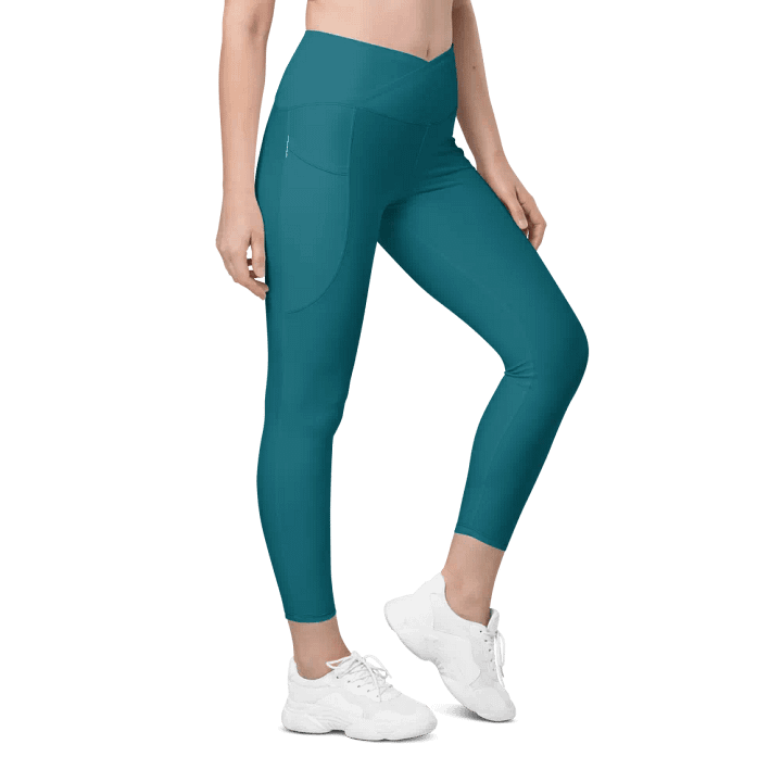 Plain Teal Blue True Summer Women's High Waisted Premium Crossover Leggings with Pockets by Treasure Pie product image (1)