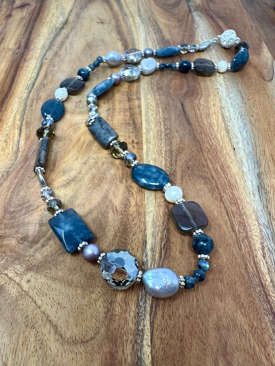 Handmade Necklace (Gray Stones, Pearls, Crystals) product image (1)