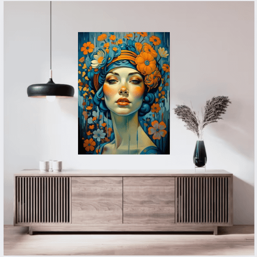 Wall Art Print Woman Portrait with Flowers Modern Art Deco Vibrant Artwork Orange Blue Floral product image (2)