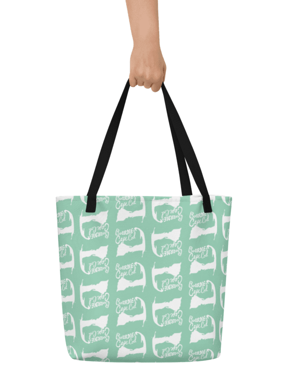 BOURNE to Cape Cod™ | Large Tote Bag with Pocket | Coastal Classic | All-Over Logo Print | White Logo Repeat on Vista Blue Green product image (1)