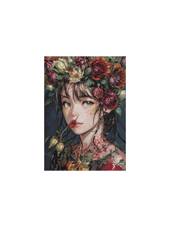 "Enchanted Bloom" Art Print - Whimsical Fantasy Girl with Floral Crown & Green Eyes - Botanical Portrait Wall Art product image (7)