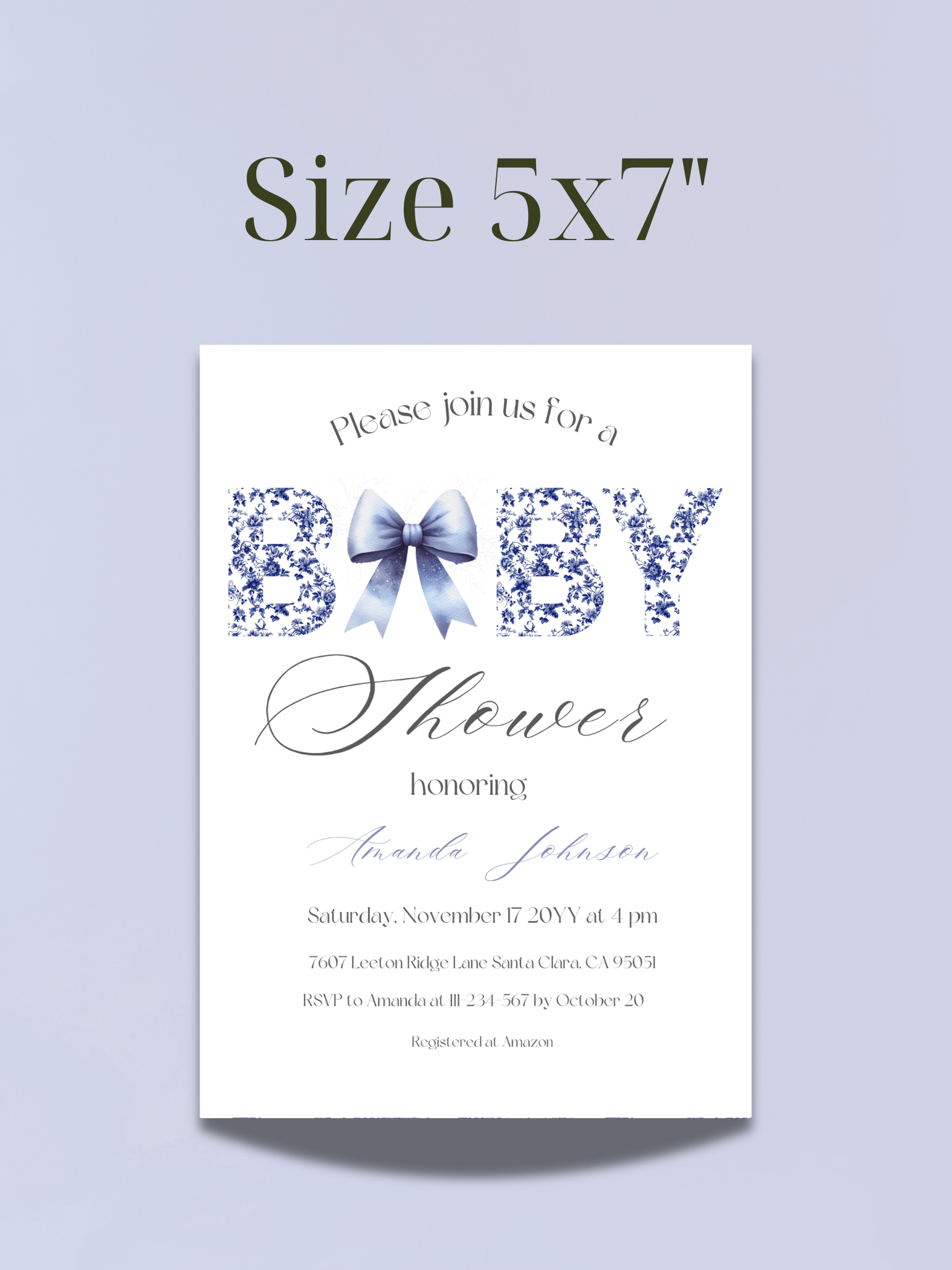 Minimalist Blue Toile de Jouy and Bow Baby Shower Invitation, Chinoiserie Floral Theme, Boy Baby Shower Invite for Digital Download product image (4)