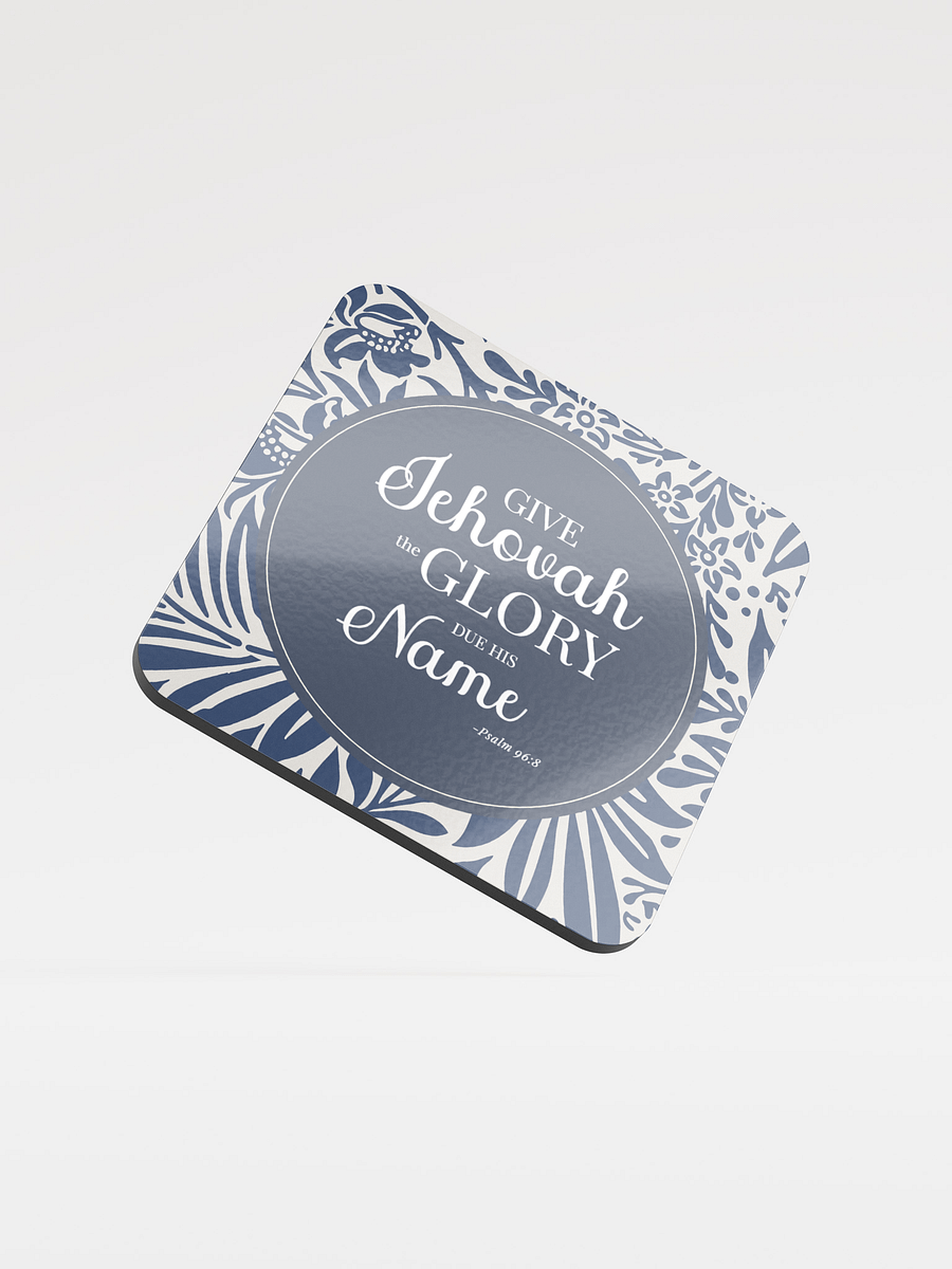 Psalm 96:8 Bible Verse Coaster – "Give Jehovah the Glory" – Navy Blue Floral Design, Cork & Glossy MDF product image (4)