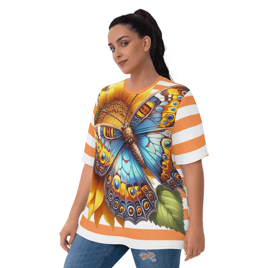 Butterfly Sunflower Bliss Women's Orange Stripped AOP Tee product image (2)