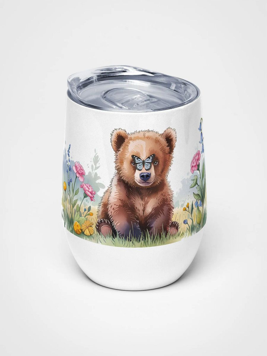 Butterfly Kisses Bear Cub 12 Oz Wine Tumbler - Adorable Brown Bear with Butterfly & Floral Design product image (5)