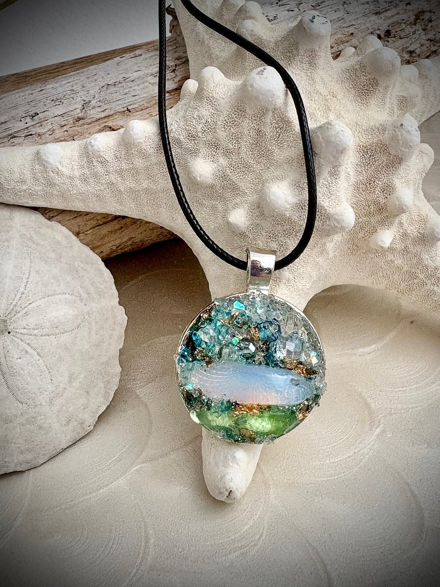 Mixed Metal Horizon Sea Glass Pendant Necklace | Handmade Bead & Sea Glass Art | Coastal Charm Jewelry by Monique Faella Designs™ | MFD-00228 product image (4)