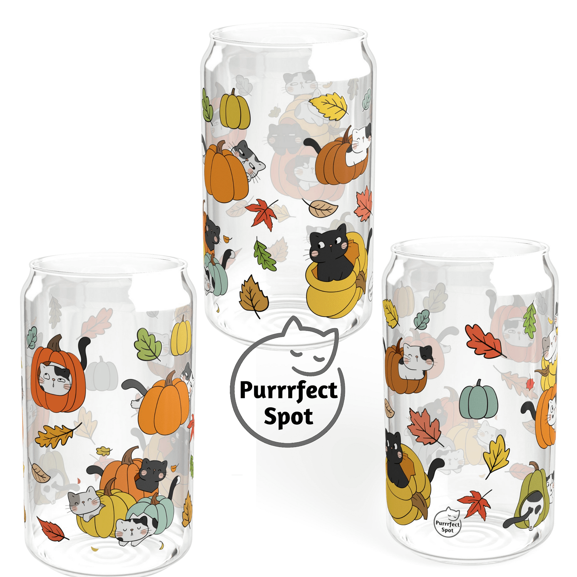 Fall Cats 16oz Glass Can Cup – Cute Autumn Pumpkin Cat Cup 🍂🐾🎃 product image (4)
