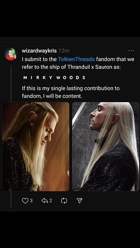 These two... live rent-free in my mind. Can we make the #Thranduil and #Sauron ship name #MirkyWoods plz & thx!
.
Also, pleas...