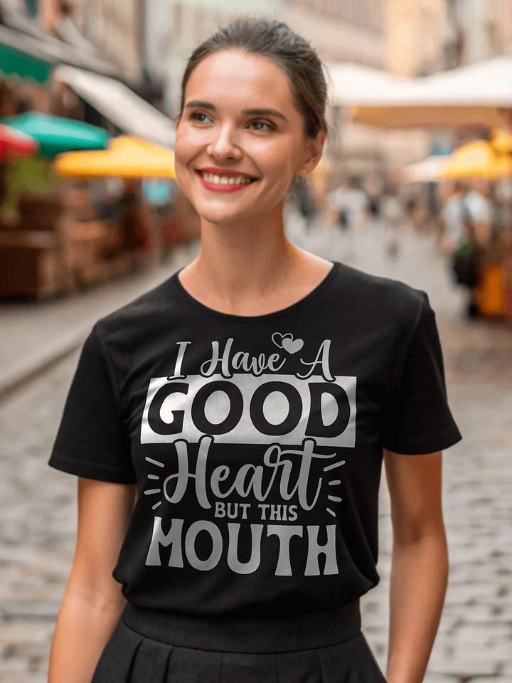 I Have A Good Heart But This Mouth Women's Black T-Shirt product image (1)