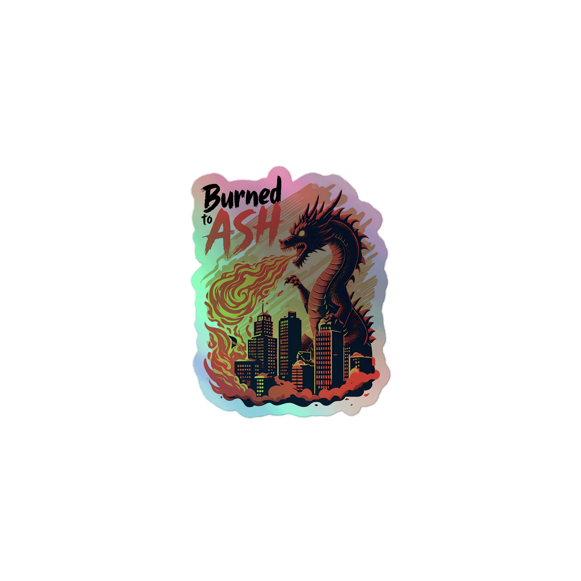 Fiery Dragon Destruction | 'Burned to Ash' Art Print Holographic Sticker product image (1)