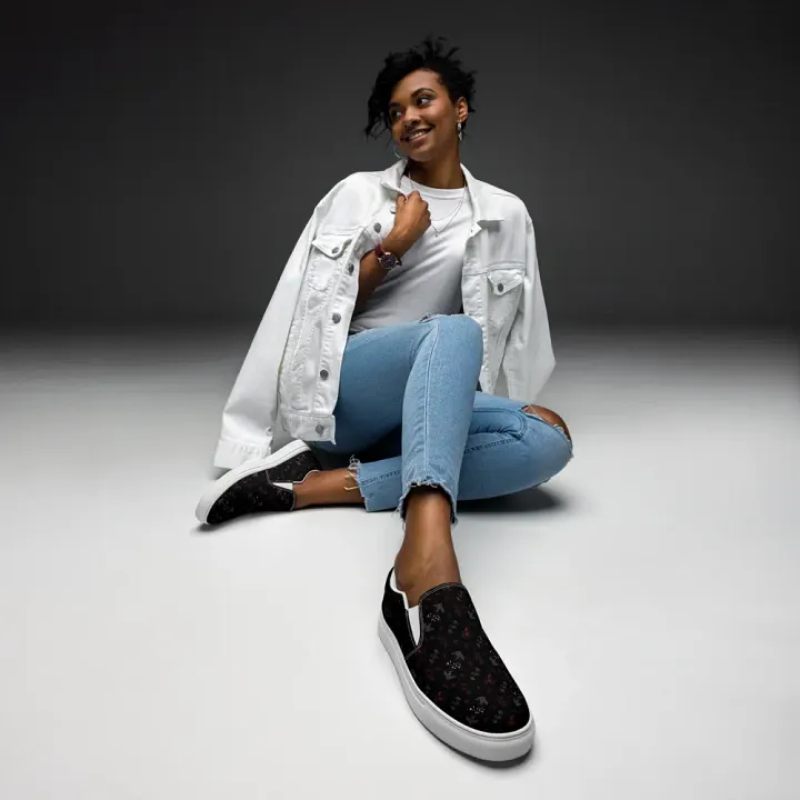 Magenta and White Flowers on Black Women's Slip-On Canvas Shoes product image (2)