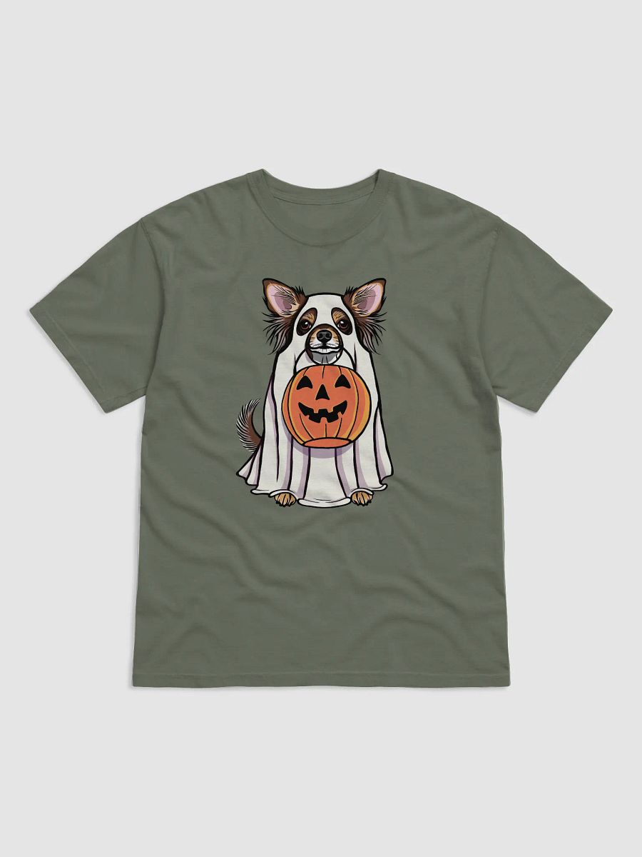 Funny Halloween Longhaired Chihuahua(Red Tricolor) T-Shirt | Funny Chihuahua Wearing a Ghost Costume and Holding a Pumpkin Basket product image (8)
