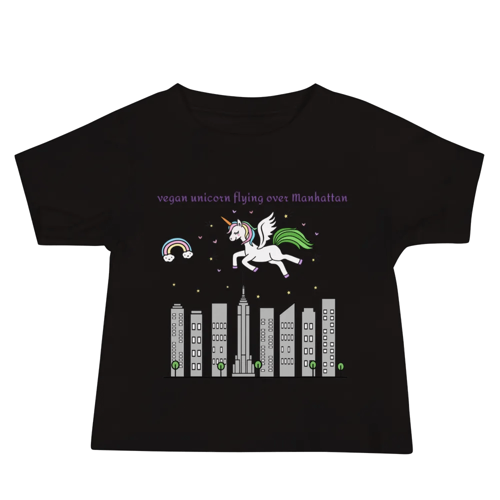 “Vegan Unicorn Flying Over Manhattan” Black T-Shirt for Kids product image (1)