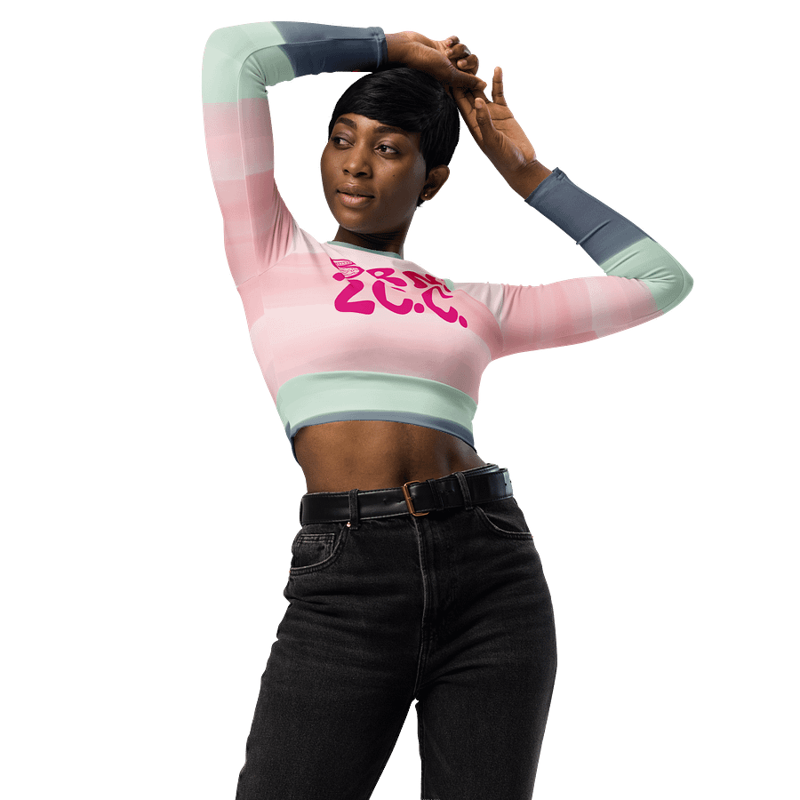 BOURNE to Cape Cod™ Crop Top | BRN.2C.C.™ Coastal Bold | Recycled Long Sleeve Statement Wear 🌊💃☀️ | Vibrant Pink Logos on Horizon Stripes product image (4)