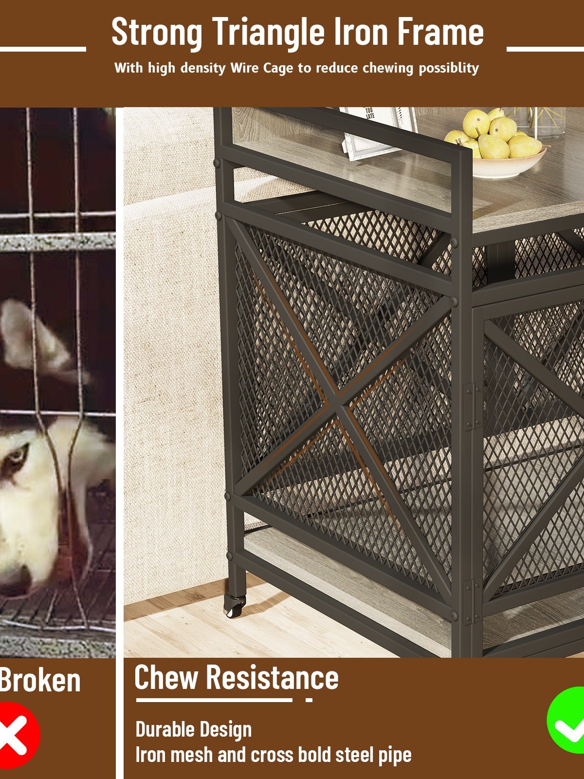 48 inch Dog Crate Furniture for Large Breeds (Up to 90 lb), Wooden & Steel, 360° Casters, Waterproof Top, Steel Lock,Textured Gray product image (3)