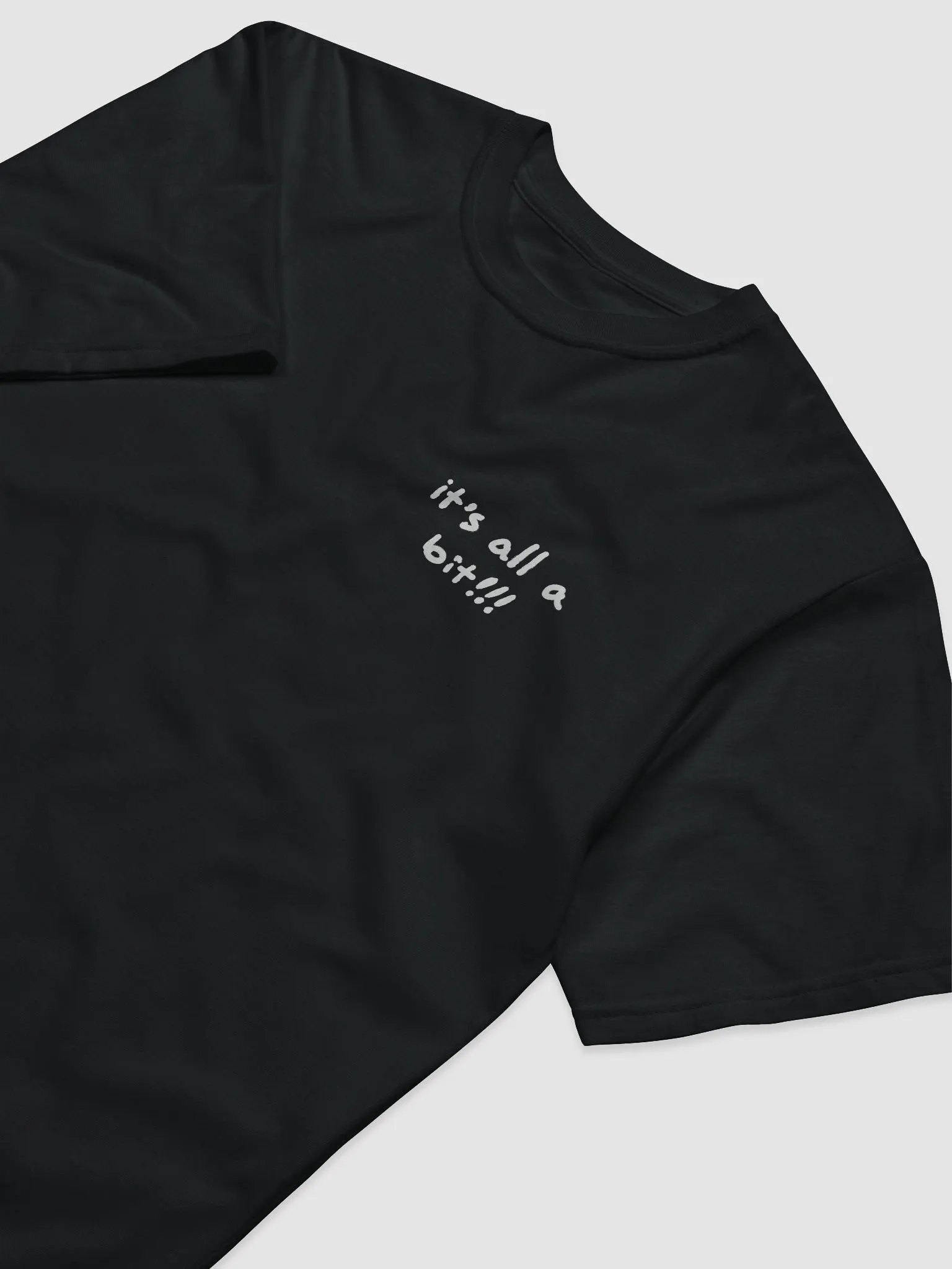 “It’s all a bit!!!” (sm. white design) unisex eco tee product image (5)