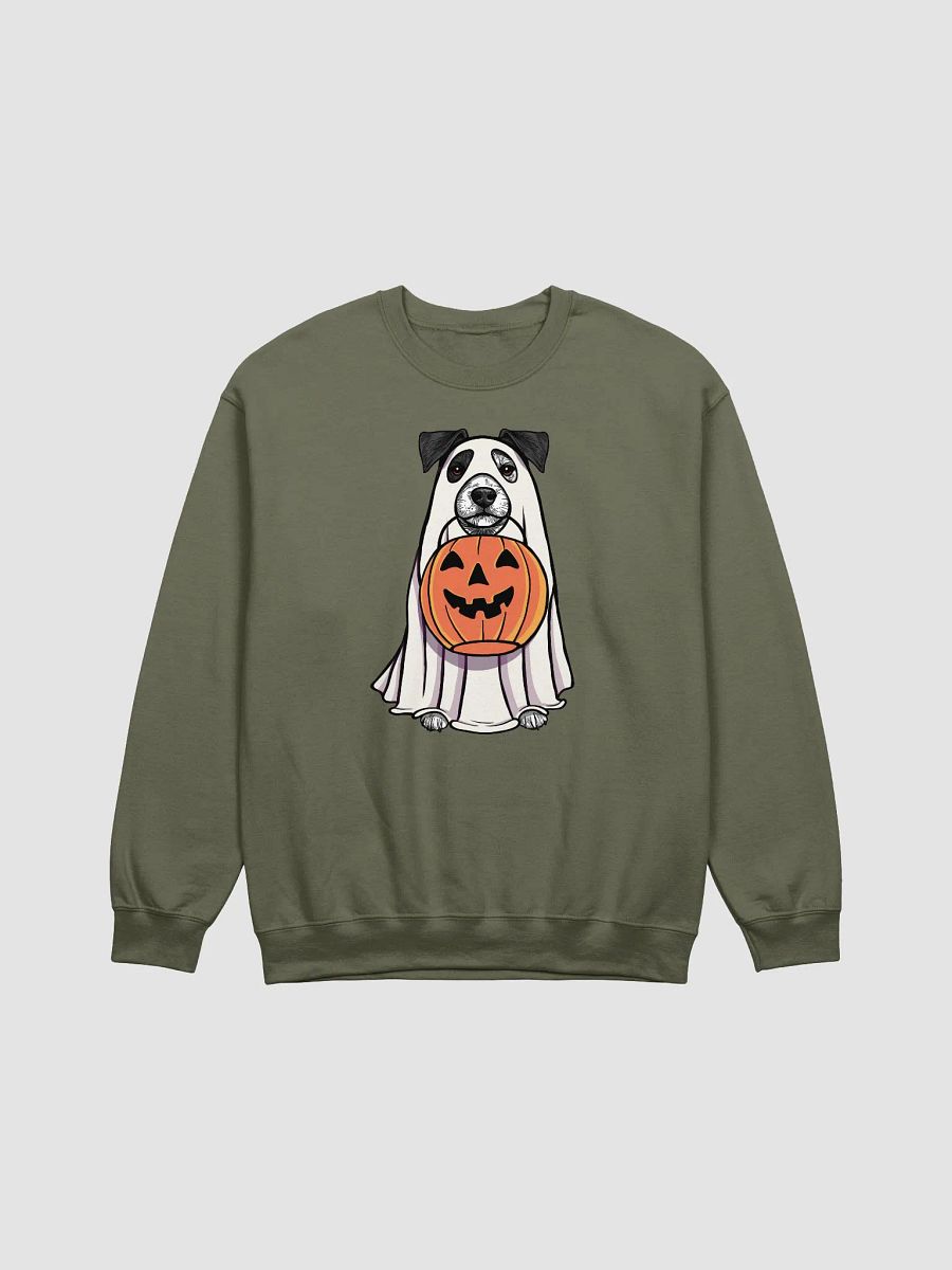 Funny Halloween Jack Russell Terrier(Black & White) Sweatshirt | Funny JRT Wearing a Ghost Costume and Holding a Pumpkin Basket product image (13)