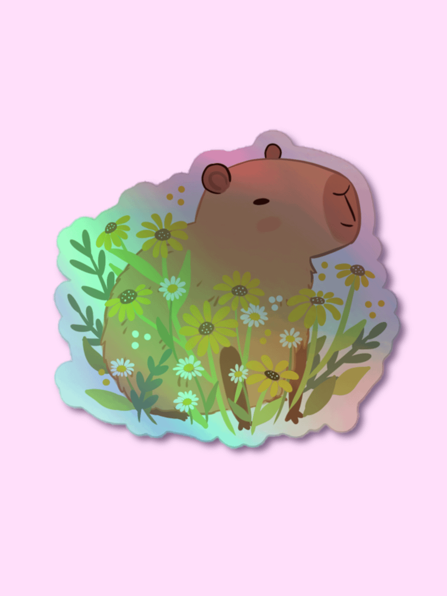Capybara with daisy flowers Holographic Sticker product image (1)