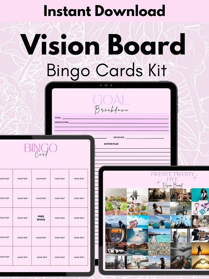 Editable Digital Vision Board Bingo Card Canva Printable 2025 Vision Board Manifestation Kit Gratitude Journal Goal Breakdown product image (1)
