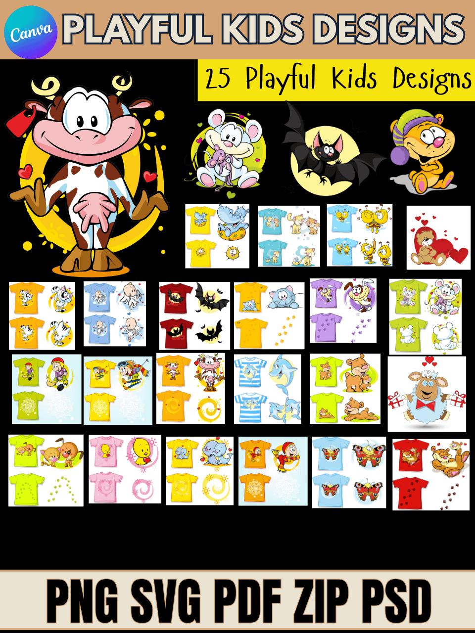 25 Adorable Playful Kids Animal Designs -Editable in Canva and Photoshop - PNG SVG PSD PDF product image (1)