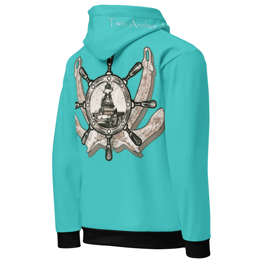 turquoise Twin anchor ship wheel & Tug CE Hoodie product image (3)