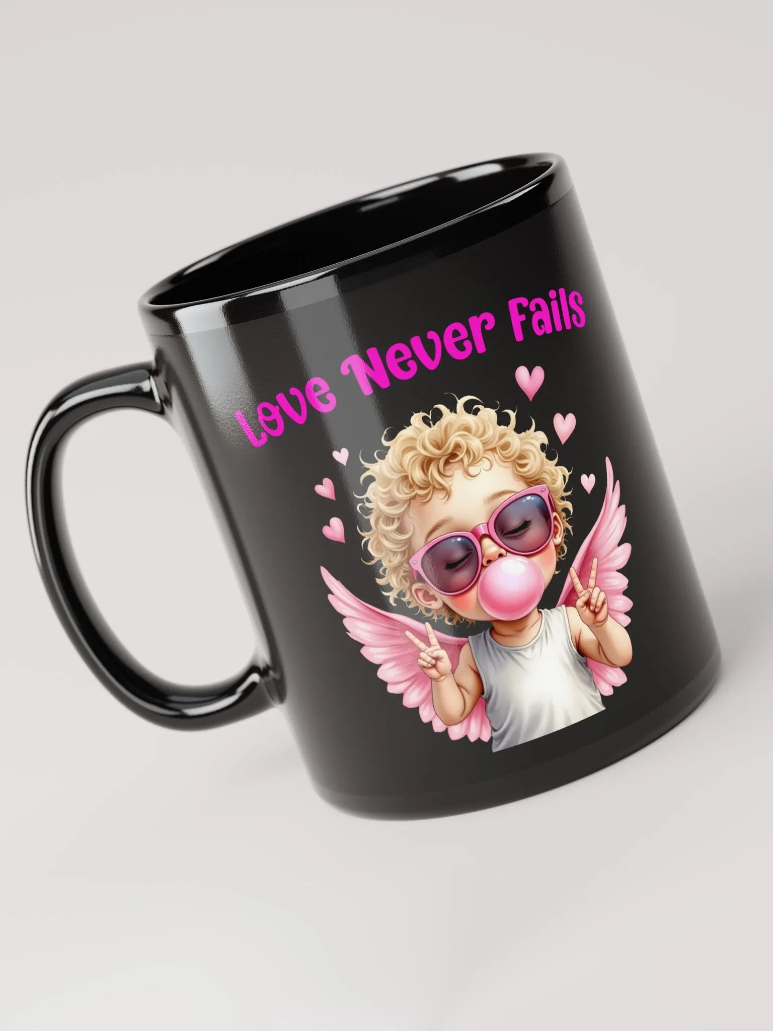 Love Never Fails Valentine Retro Cupid Valentine's Day Black Glossy Mug product image (1)