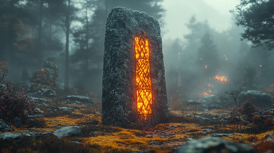 Ancient Viking runestone with Norse symbols representing mythology and gods