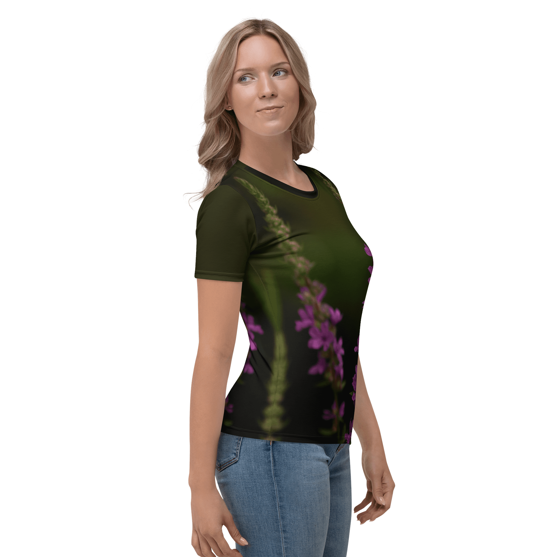 Damen T-Shirt mit Rundhalsausschnitt - Lila Blüten mit dunklem Hintergrund product image (4)